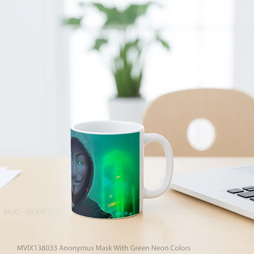 Mug Anonymus Mask With Green Neon Colors Gelas Keramik Unik - All-side / Desain