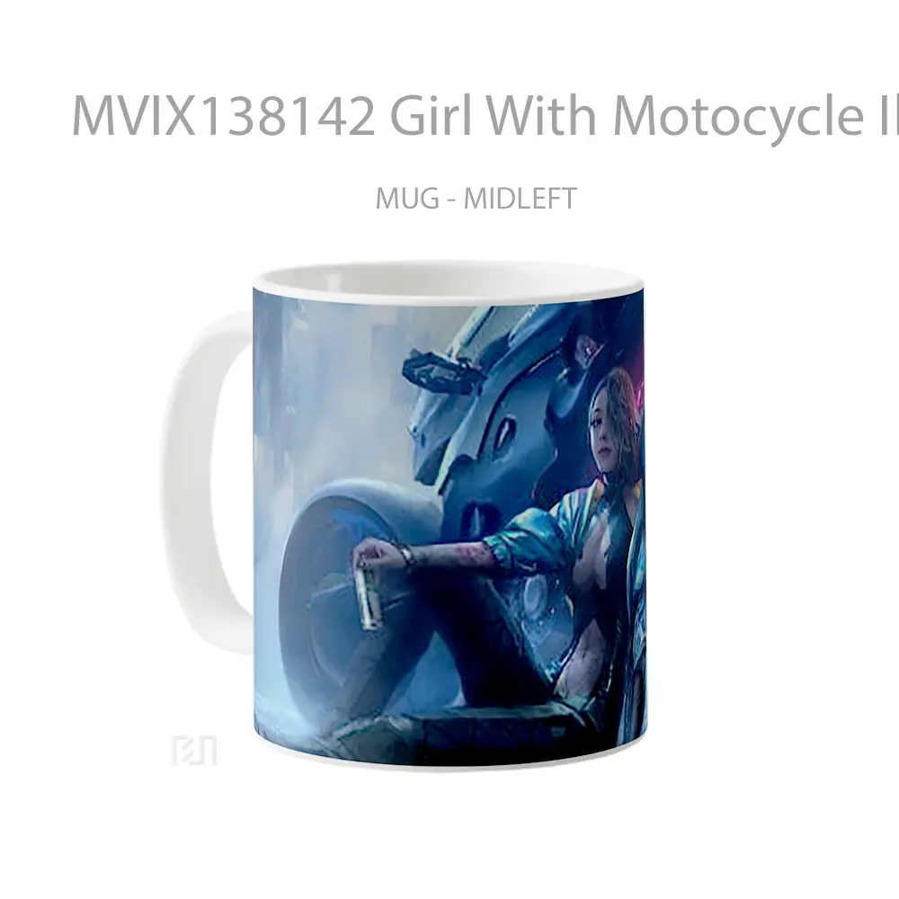 Mug Girl With Motocycle Illustration Gelas Seni Modern - All-side / Desain