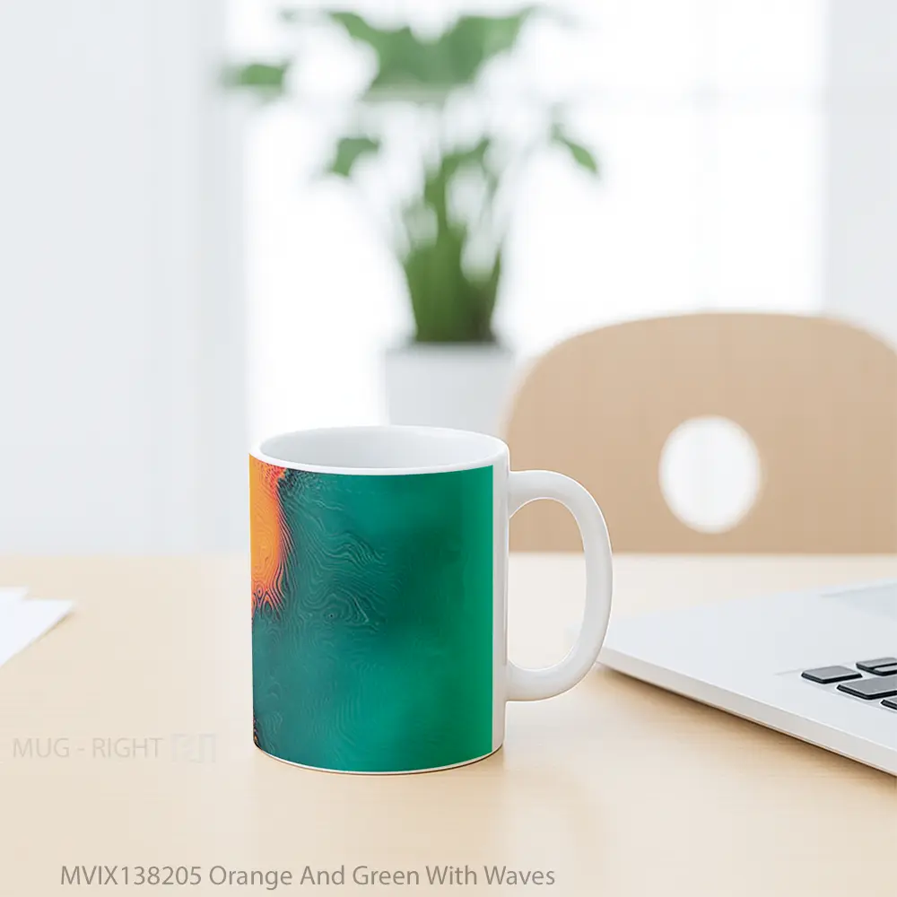 Mug Orange And Green With Waves Gelas Keramik Unik - All-side / Desain