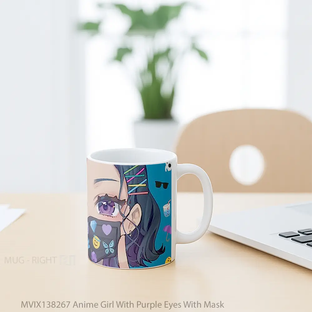 Mug Anime Girl With Purple Eyes With Mask Cangkir Anime - All-side / Desain