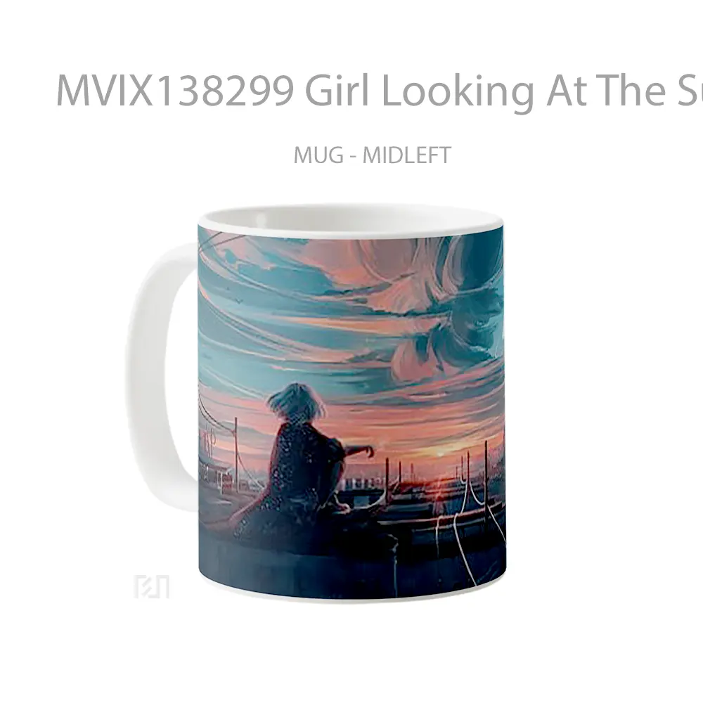 Mug Girl Looking At The Sunset Illustration Gelas Pemandangan Alam - All-side / Desain