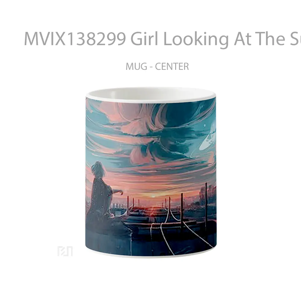 Mug Girl Looking At The Sunset Illustration Gelas Pemandangan Alam