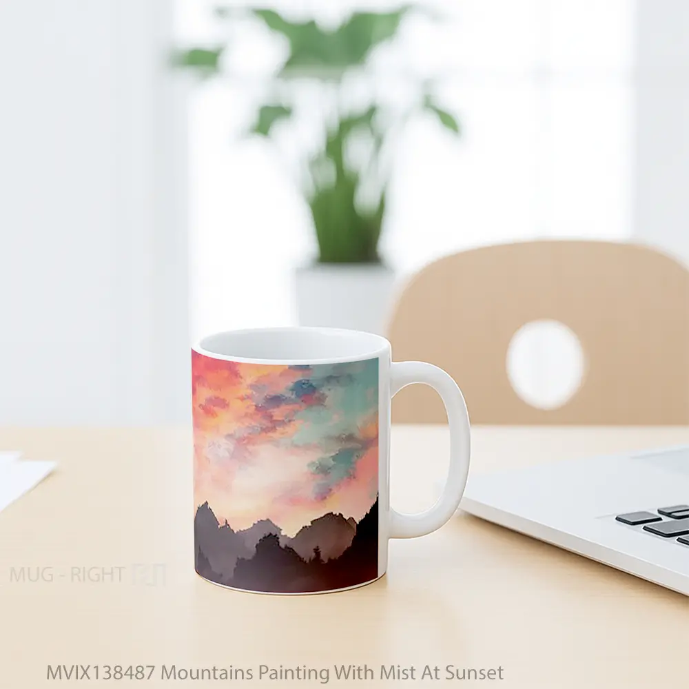 Mug Mountains Painting With Mist At Sunset Gelas Pemandangan Alam - All-side / Desain