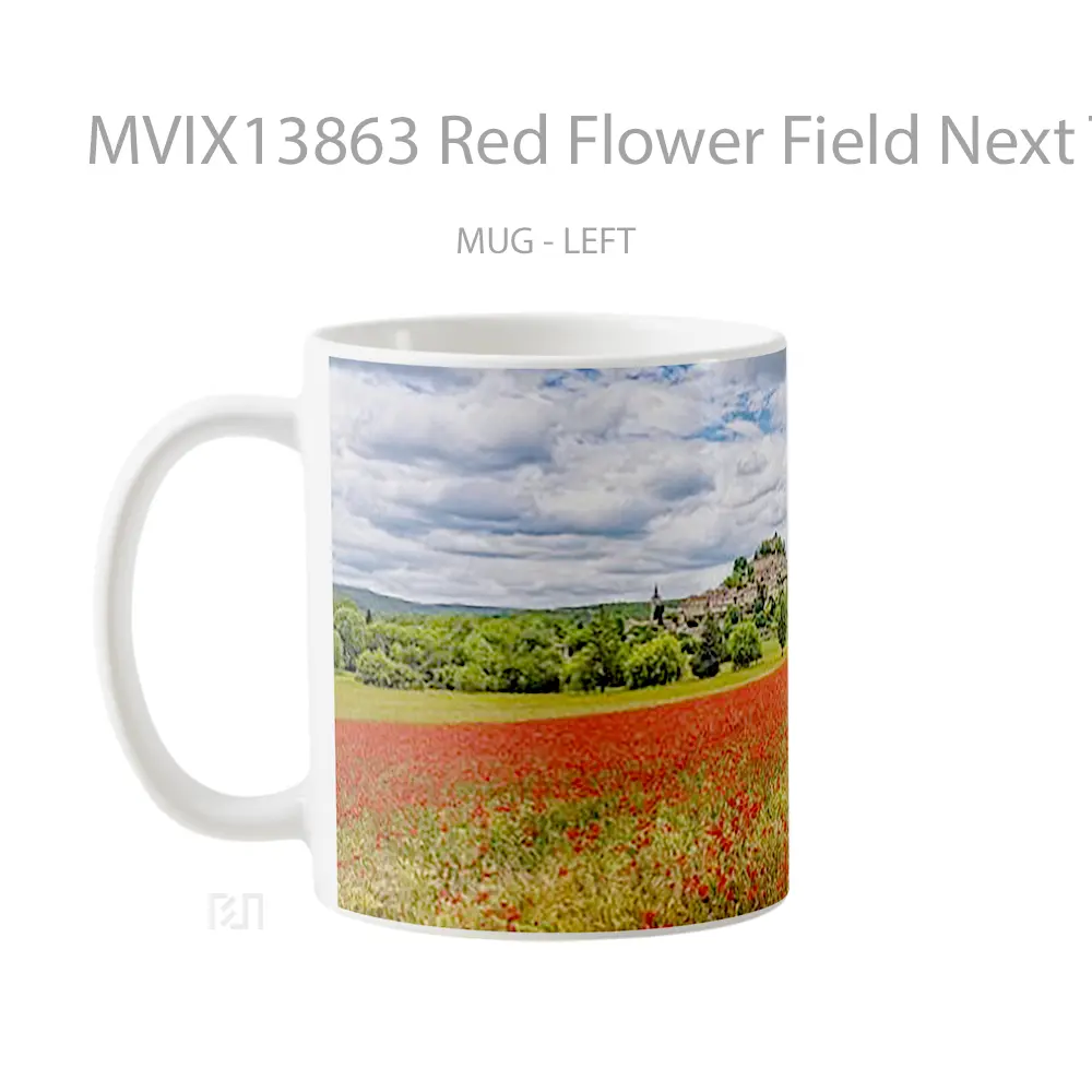 Mug Red Flower Field Next To Town Gelas Pemandangan Alam - All-side / Desain