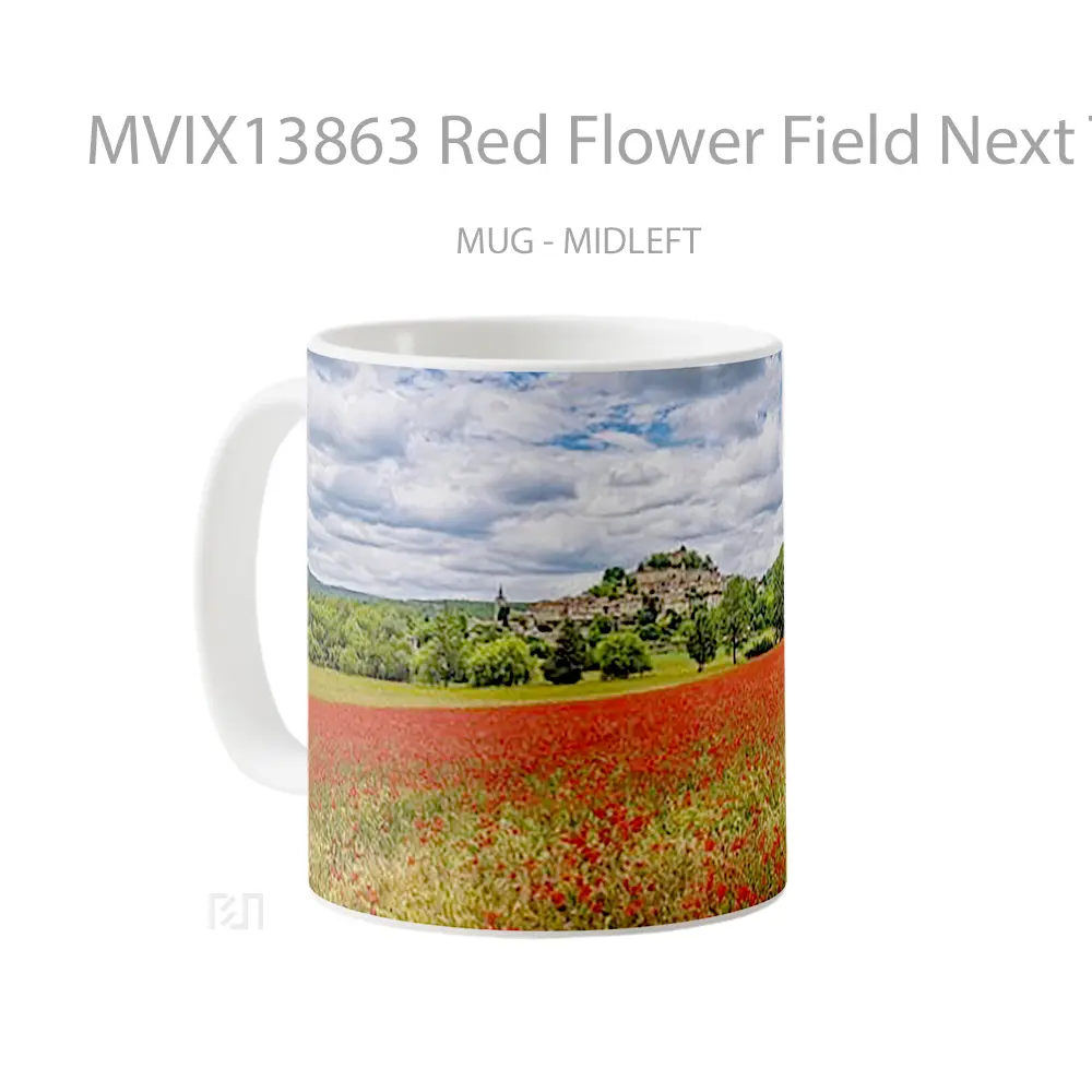 Mug Red Flower Field Next To Town Gelas Pemandangan Alam - All-side / Desain