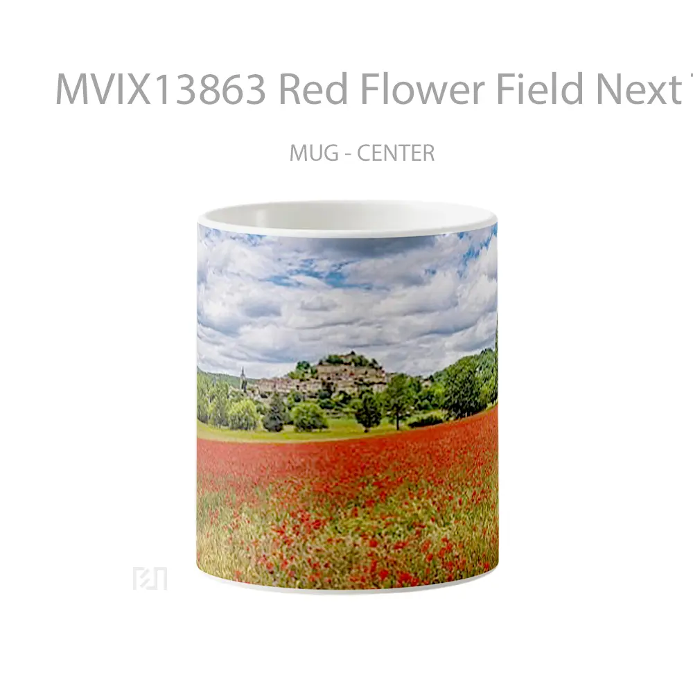 Mug Red Flower Field Next To Town Gelas Pemandangan Alam