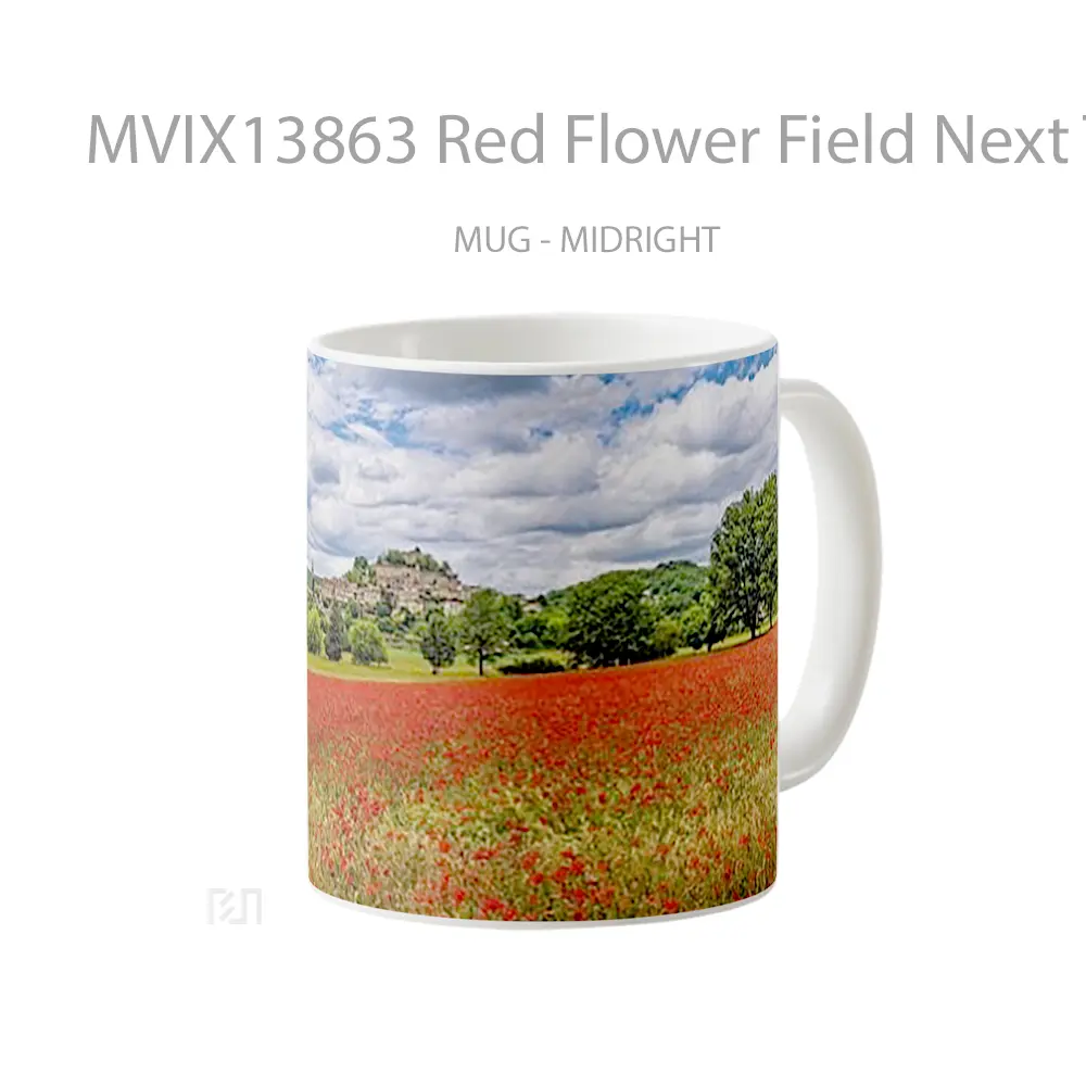 Mug Red Flower Field Next To Town Gelas Pemandangan Alam - All-side / Desain