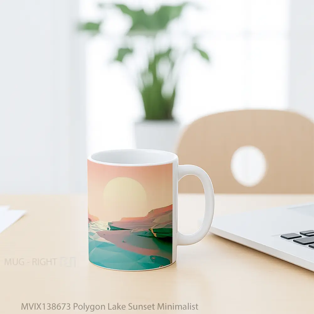 Mug Polygon Lake Sunset Minimalist Gelas Pemandangan Alam - All-side / Desain