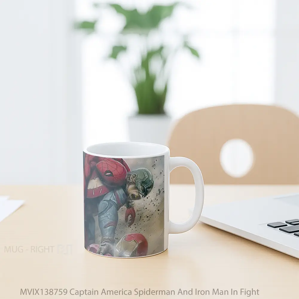 Mug Captain America Spiderman And Iron Man In Fight Gelas Superhero - All-side / Desain