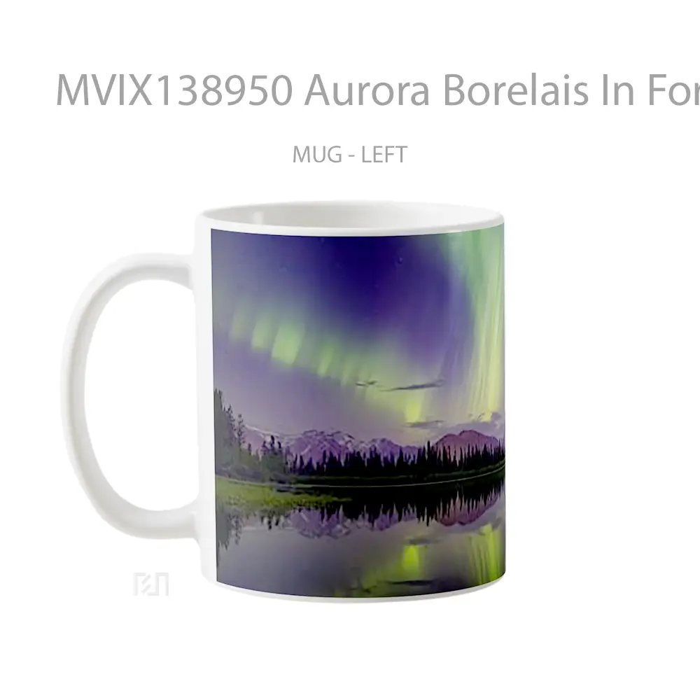 Mug Aurora Borelais In Forest Next To Lake And Mountains Gelas Pemandangan Alam - All-side / Desain