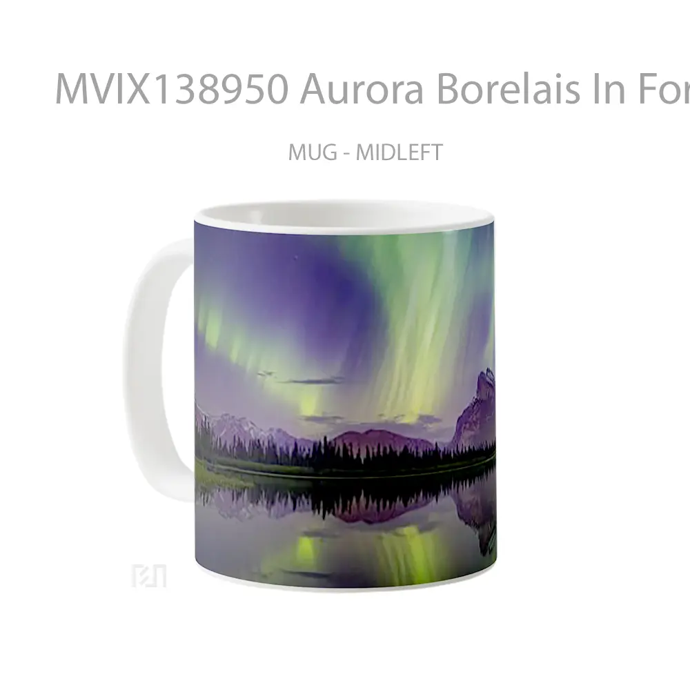 Mug Aurora Borelais In Forest Next To Lake And Mountains Gelas Pemandangan Alam - All-side / Desain