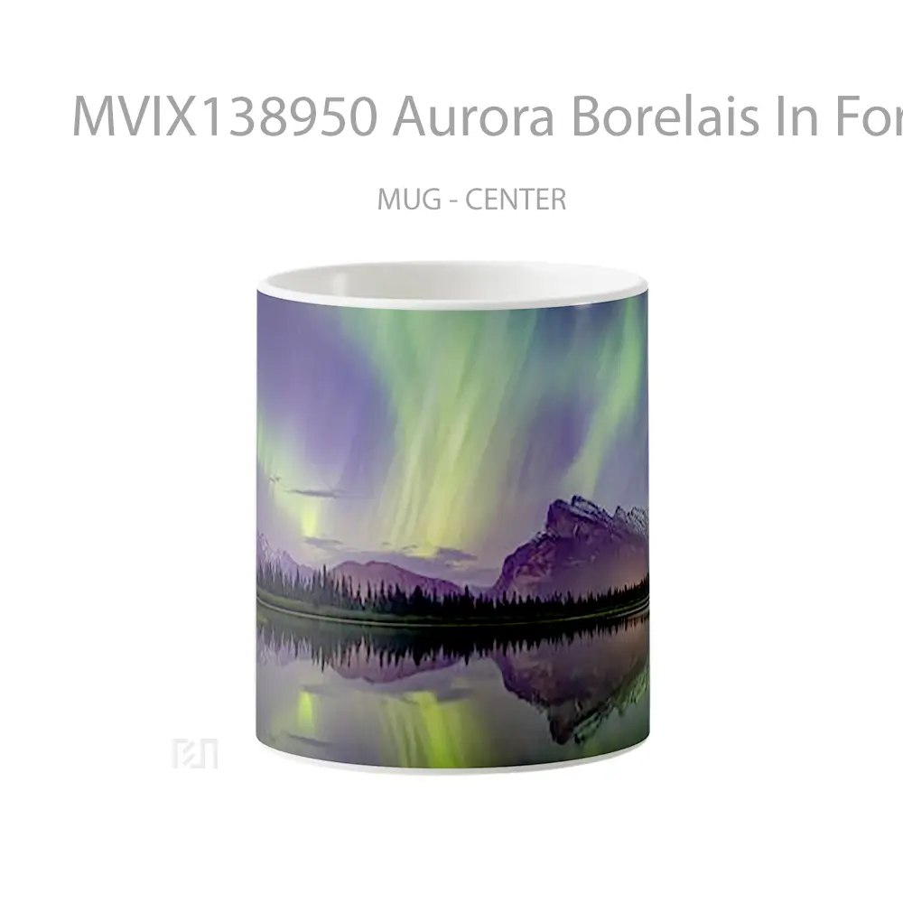 Mug Aurora Borelais In Forest Next To Lake And Mountains Gelas Pemandangan Alam