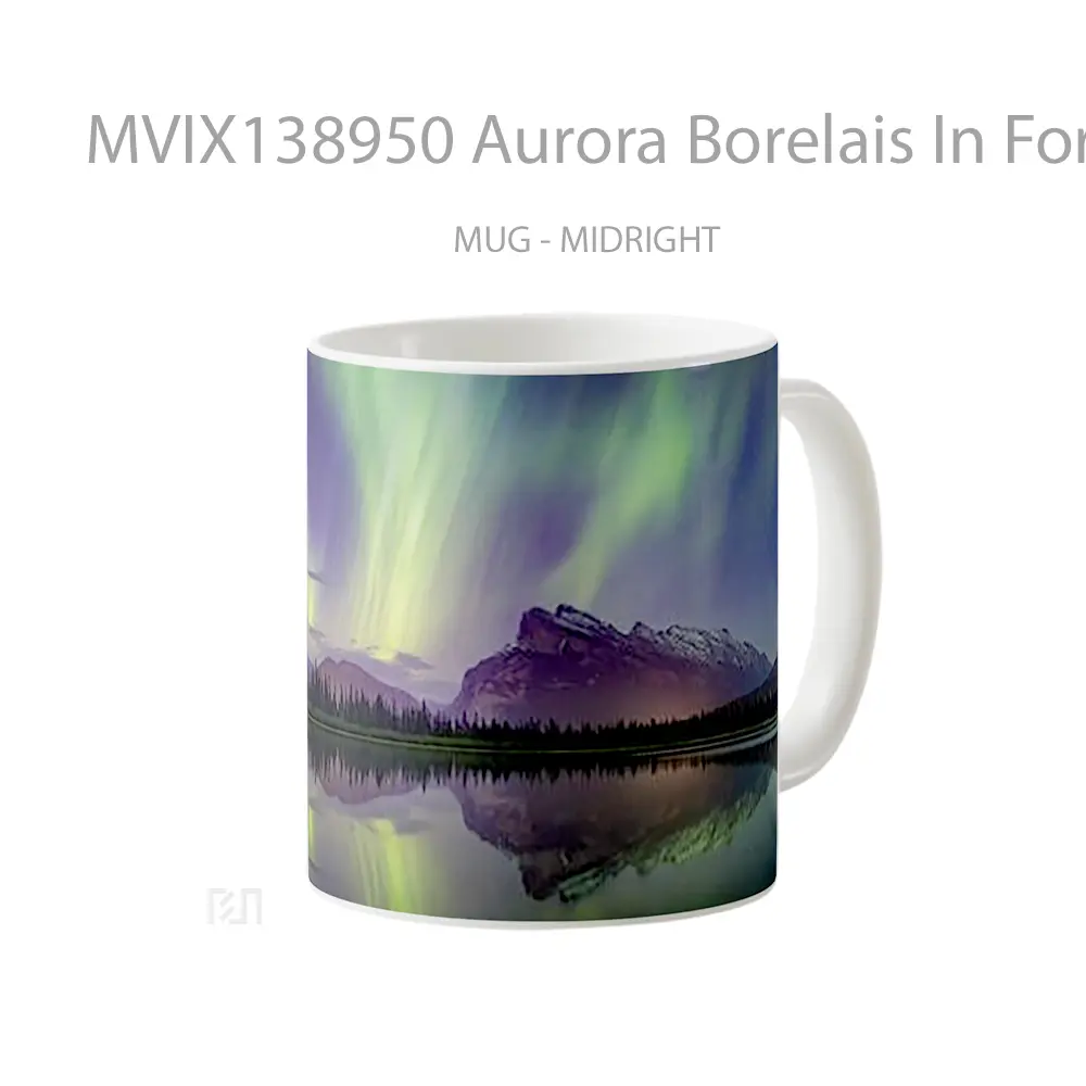 Mug Aurora Borelais In Forest Next To Lake And Mountains Gelas Pemandangan Alam - All-side / Desain