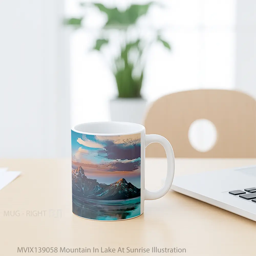 Mug Mountain In Lake At Sunrise Illustration Gelas Pemandangan Alam - All-side / Desain