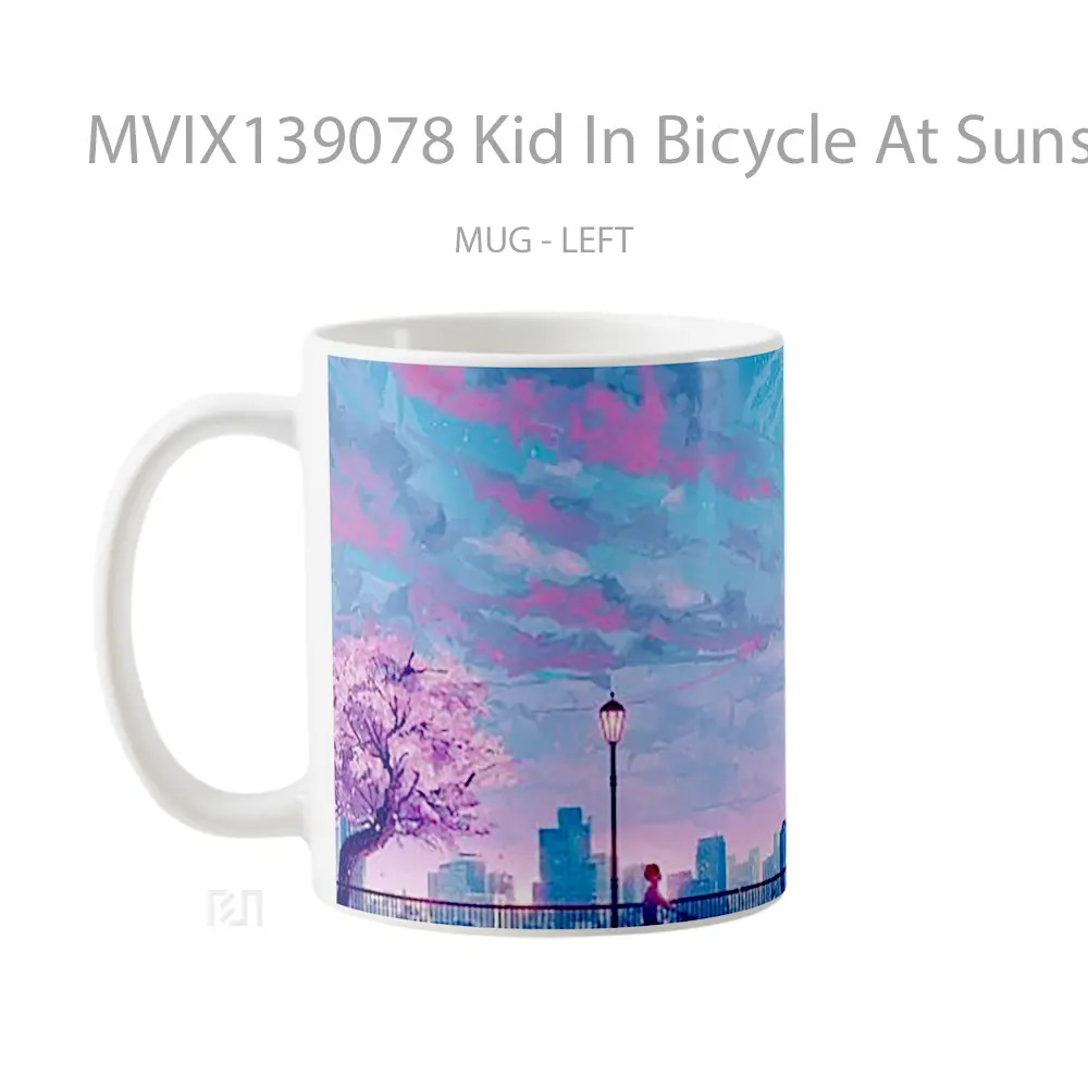 Mug Kid In Bicycle At Sunset Illustration Gelas Pemandangan Alam - All-side / Desain