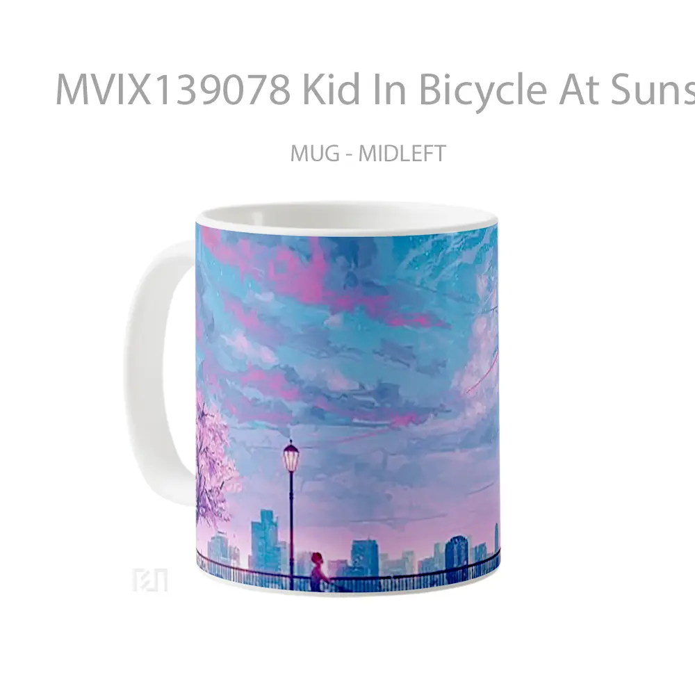 Mug Kid In Bicycle At Sunset Illustration Gelas Pemandangan Alam - All-side / Desain