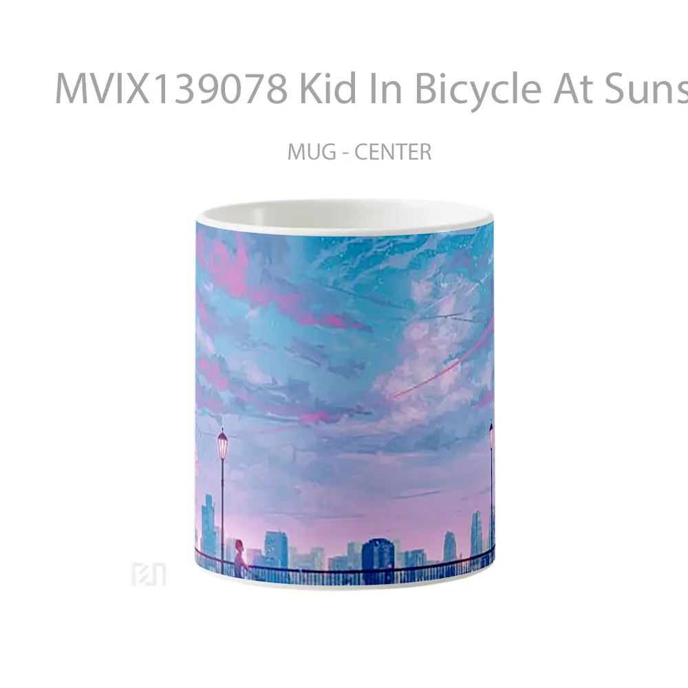 Mug Kid In Bicycle At Sunset Illustration Gelas Pemandangan Alam