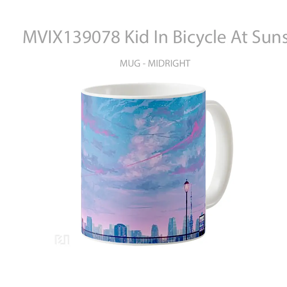 Mug Kid In Bicycle At Sunset Illustration Gelas Pemandangan Alam - All-side / Desain