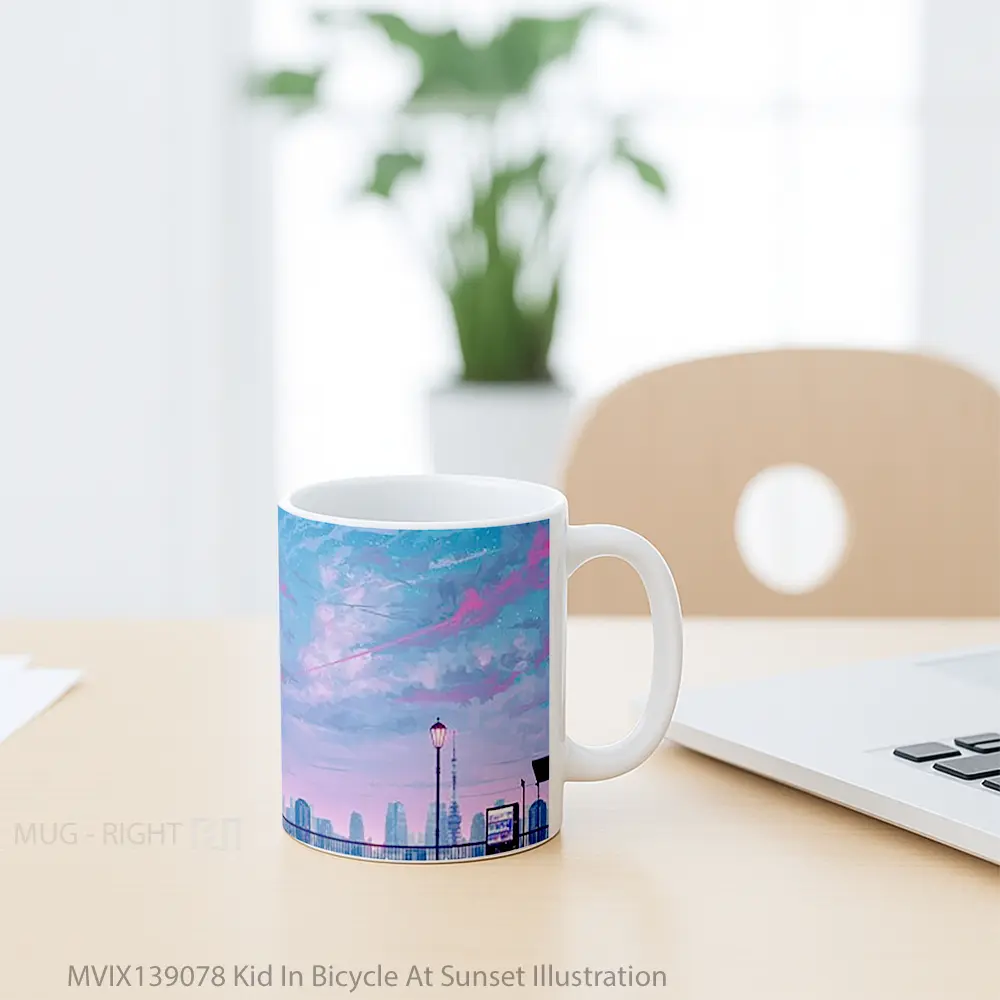 Mug Kid In Bicycle At Sunset Illustration Gelas Pemandangan Alam - All-side / Desain