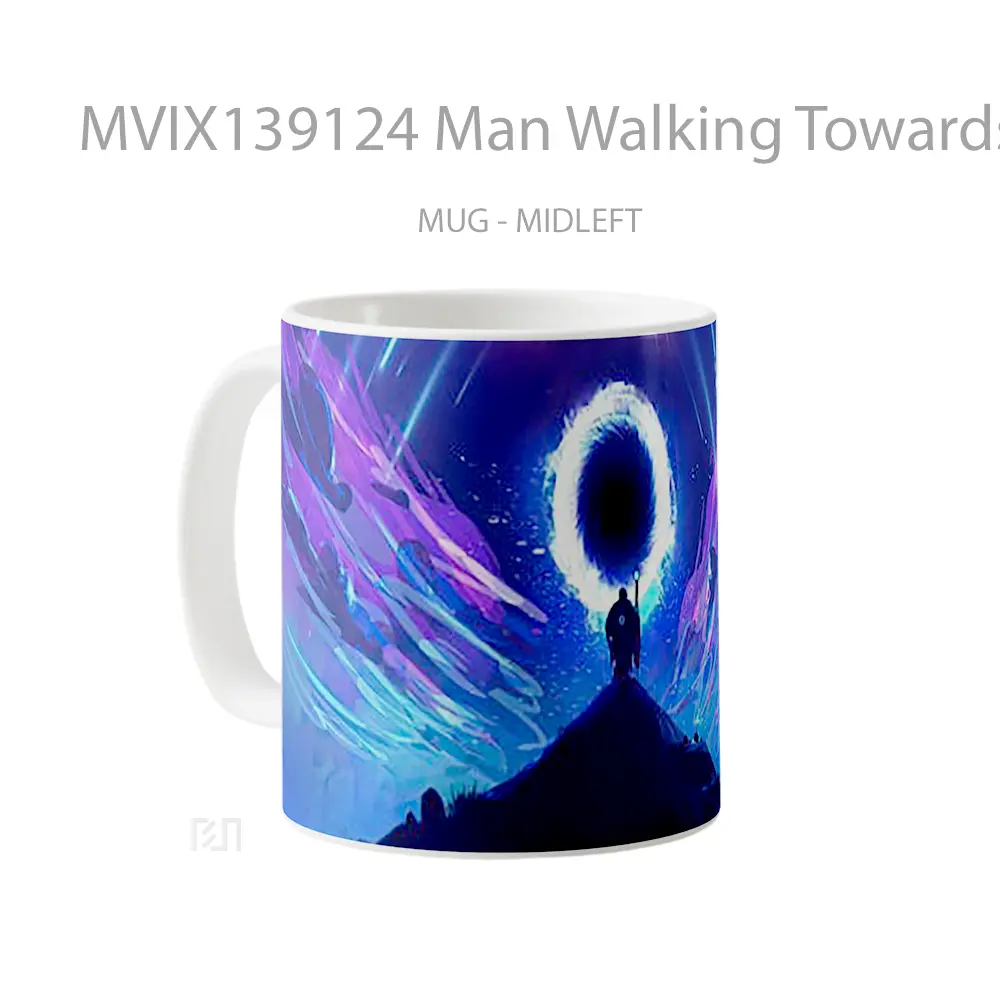 Mug Man Walking Towards Portal Illustration Gelas Seni Modern - All-side / Desain