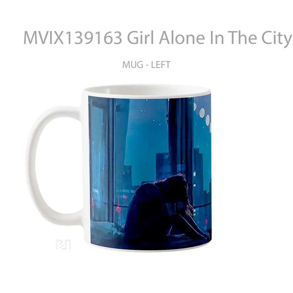 Mug Girl Alone In The City Illustration Gelas Seni Modern - All-side / Desain