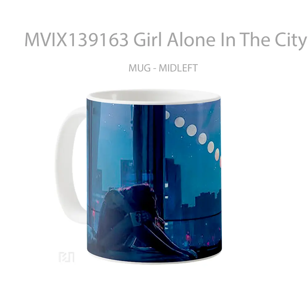 Mug Girl Alone In The City Illustration Gelas Seni Modern - All-side / Desain