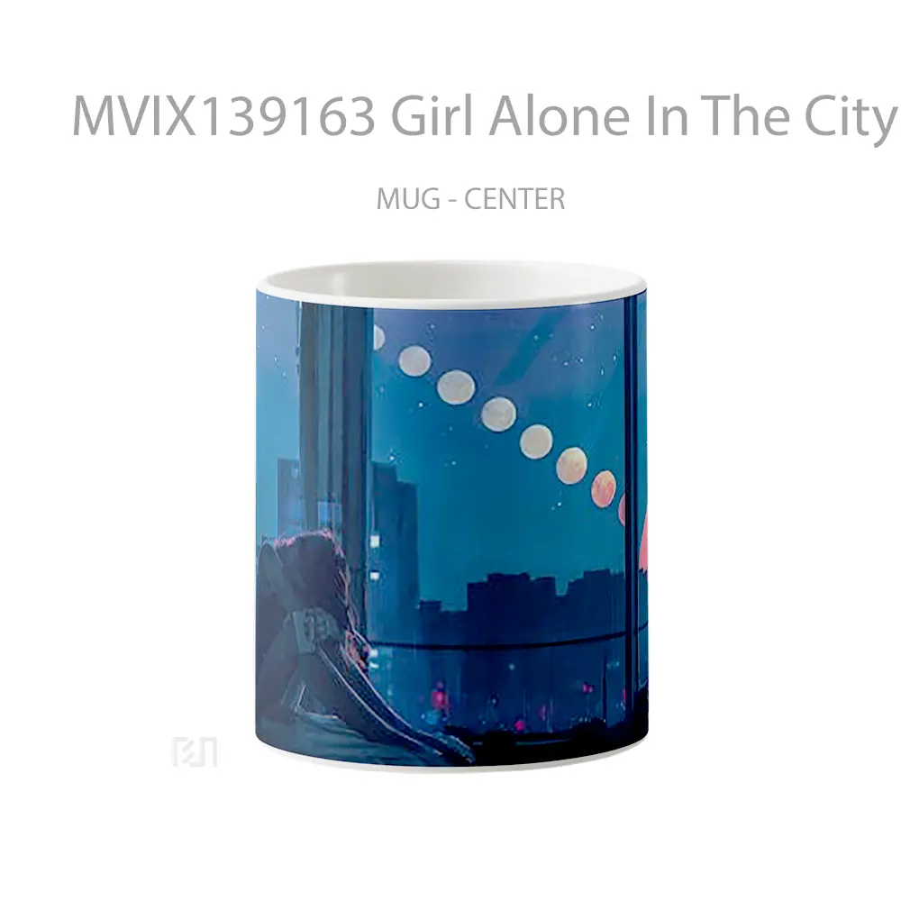 Mug Girl Alone In The City Illustration Gelas Seni Modern