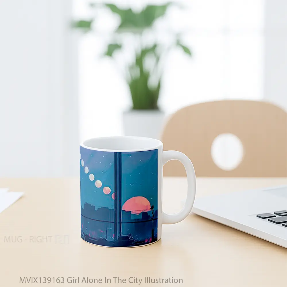 Mug Girl Alone In The City Illustration Gelas Seni Modern - All-side / Desain