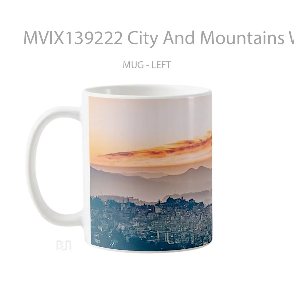 Mug City And Mountains With Sunset Gelas Pemandangan Alam - All-side / Desain
