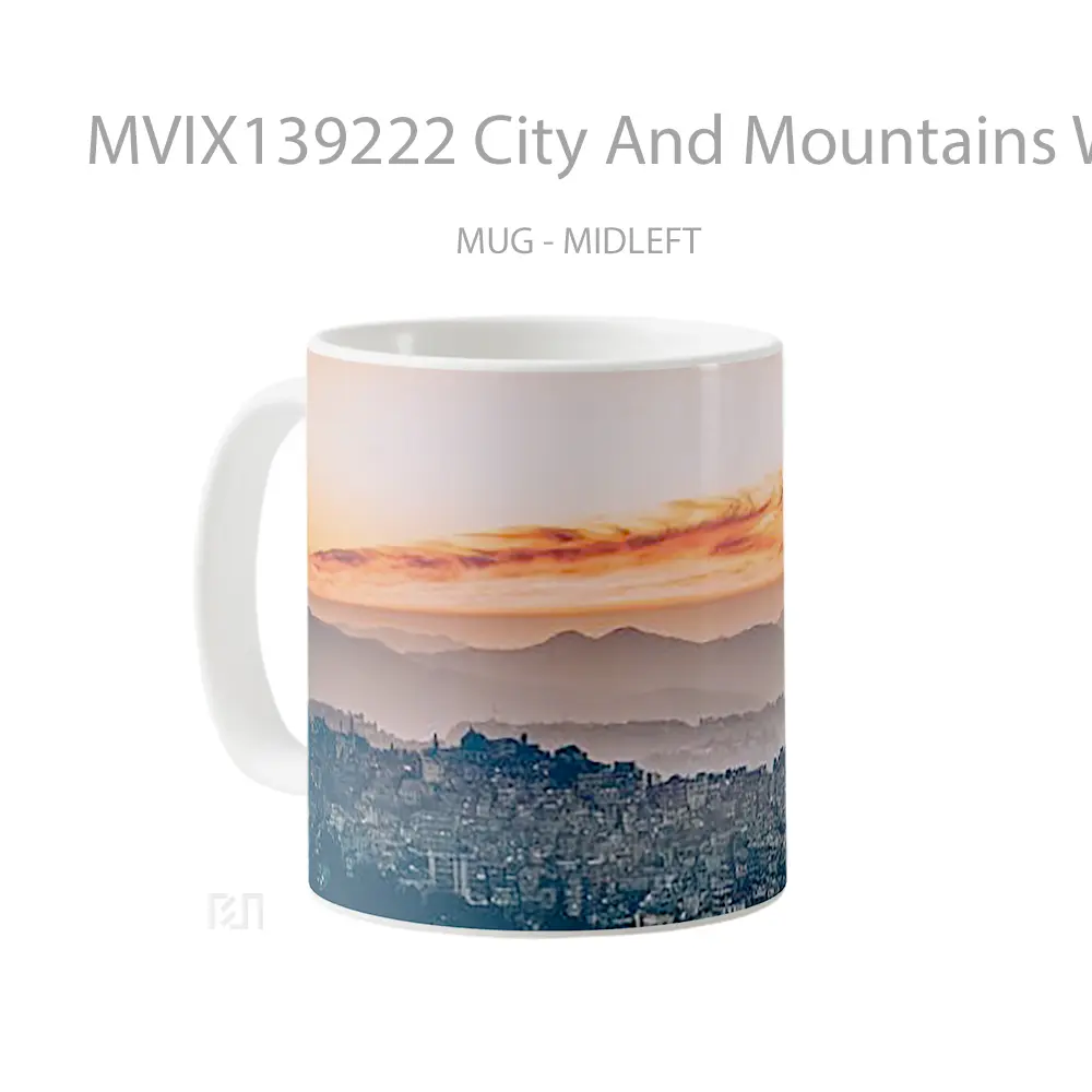 Mug City And Mountains With Sunset Gelas Pemandangan Alam - All-side / Desain
