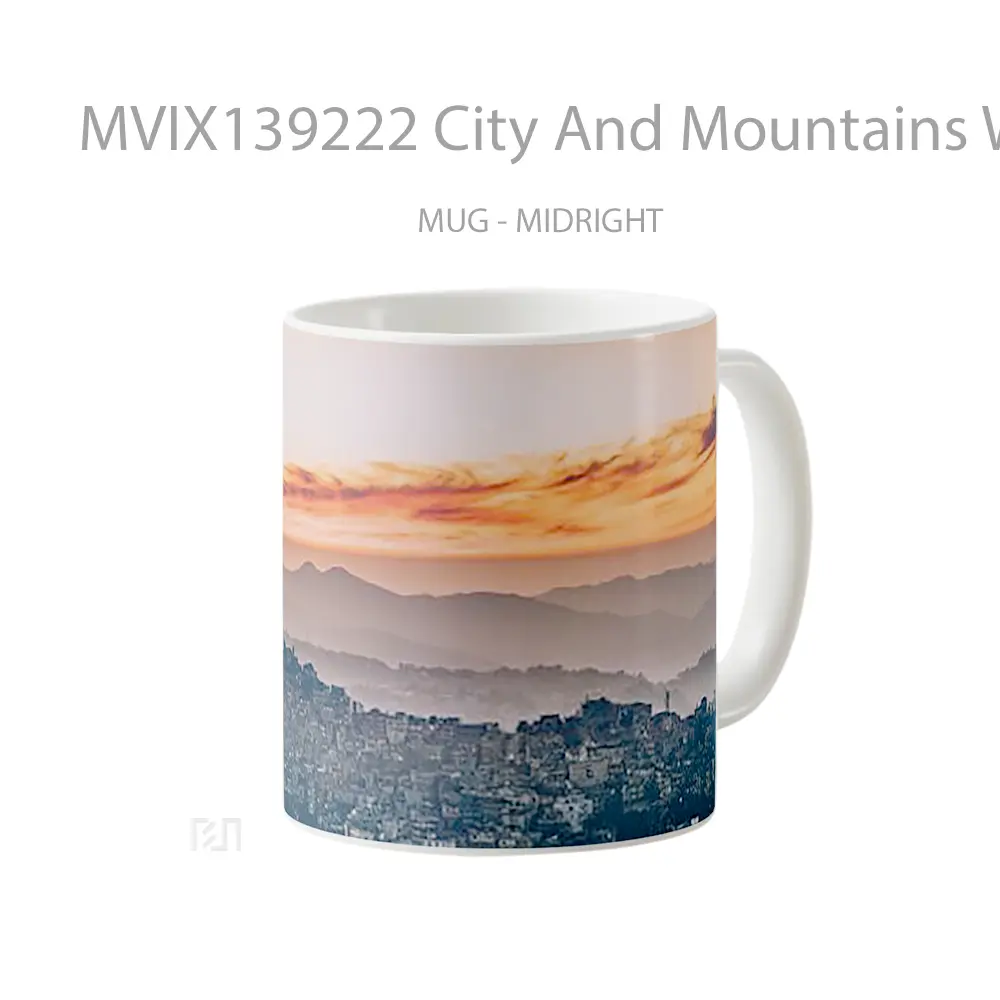 Mug City And Mountains With Sunset Gelas Pemandangan Alam - All-side / Desain