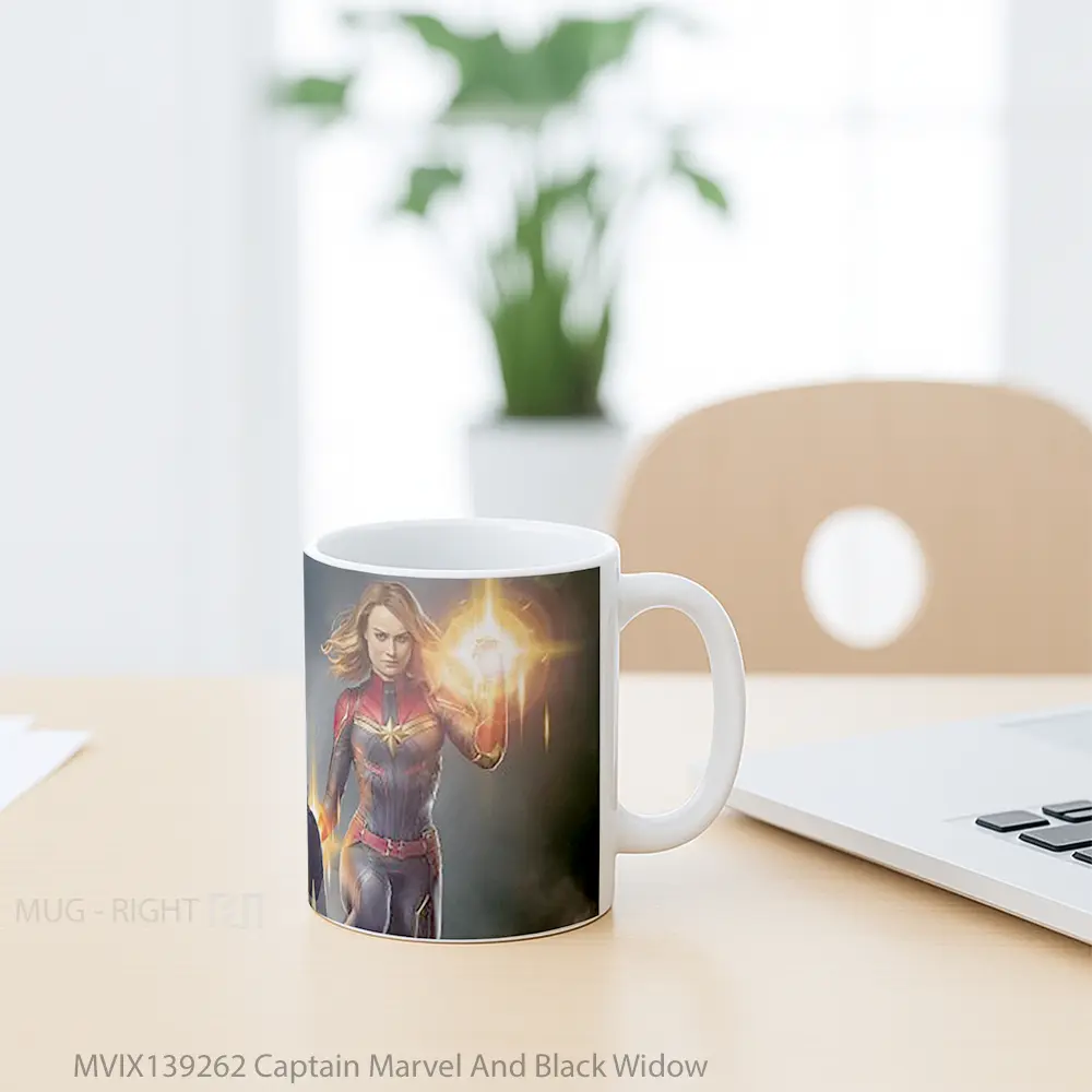Mug Captain Marvel And Black Widow Gelas Superhero - All-side / Desain