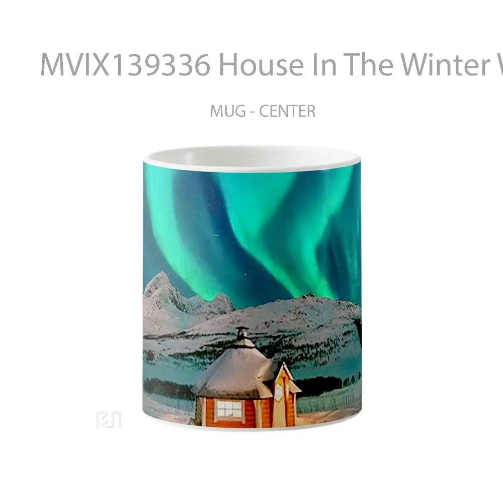 Mug House In The Winter With Northern Lights In The Mountains Gelas Pemandangan Alam