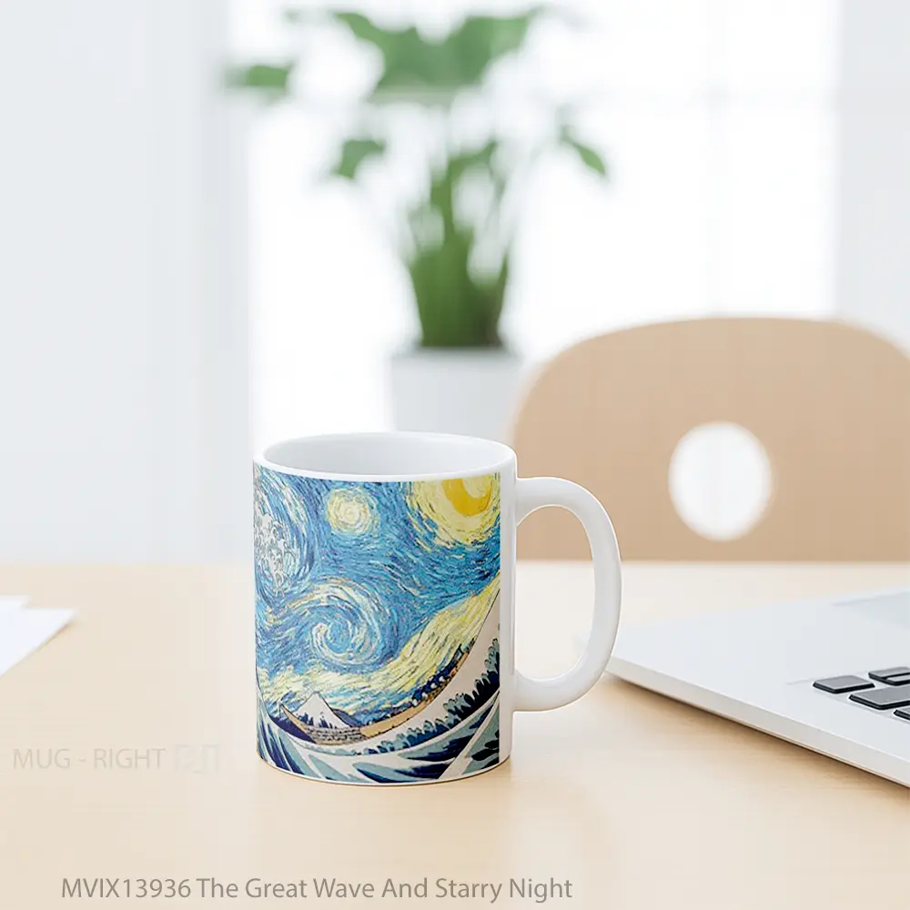 Mug The Great Wave And Starry Night Gelas Keramik Unik - All-side / Desain