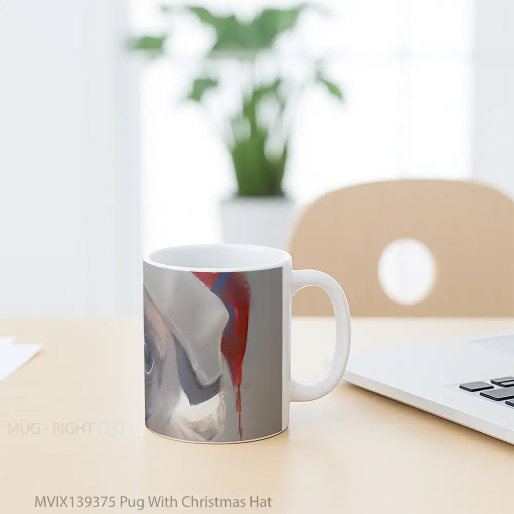 Mug Pug With Christmas Hat Gelas Keramik Unik - All-side / Desain
