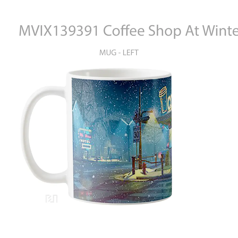 Mug Coffee Shop At Winter During Nightime Digital Art Cangkir Kopi - All-side / Desain