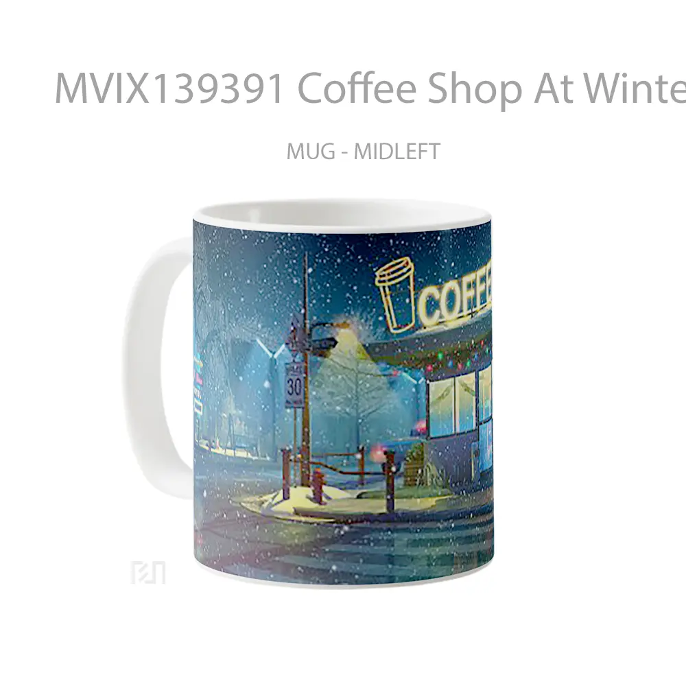 Mug Coffee Shop At Winter During Nightime Digital Art Cangkir Kopi - All-side / Desain