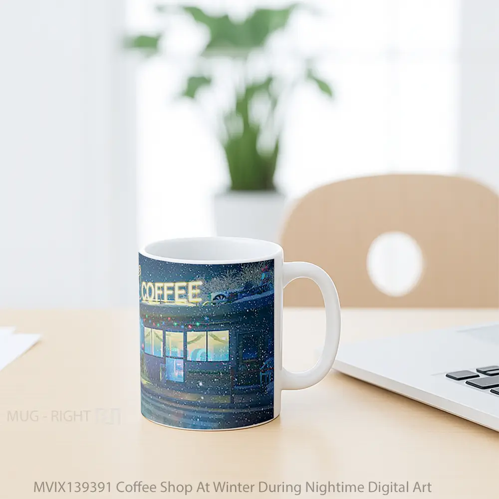 Mug Coffee Shop At Winter During Nightime Digital Art Cangkir Kopi - All-side / Desain