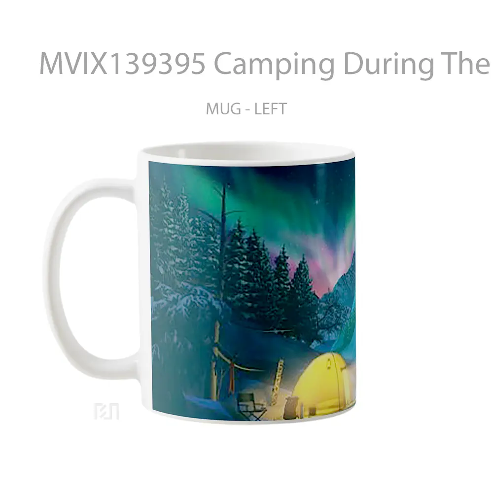 Mug Camping During The Winter With Northern Lights On The Background Gelas Keramik Unik - All-side / Desain