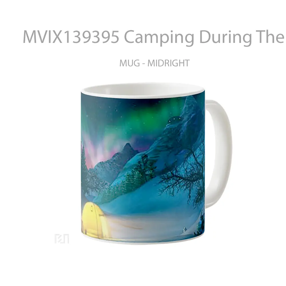 Mug Camping During The Winter With Northern Lights On The Background Gelas Keramik Unik - All-side / Desain