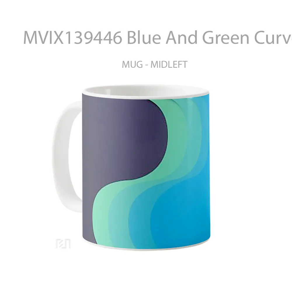 Mug Blue And Green Curved Lines Gelas Keramik Unik - All-side / Desain