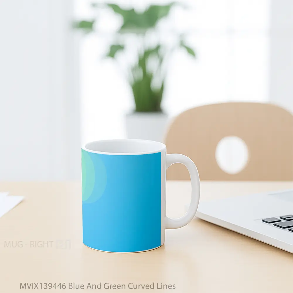 Mug Blue And Green Curved Lines Gelas Keramik Unik - All-side / Desain
