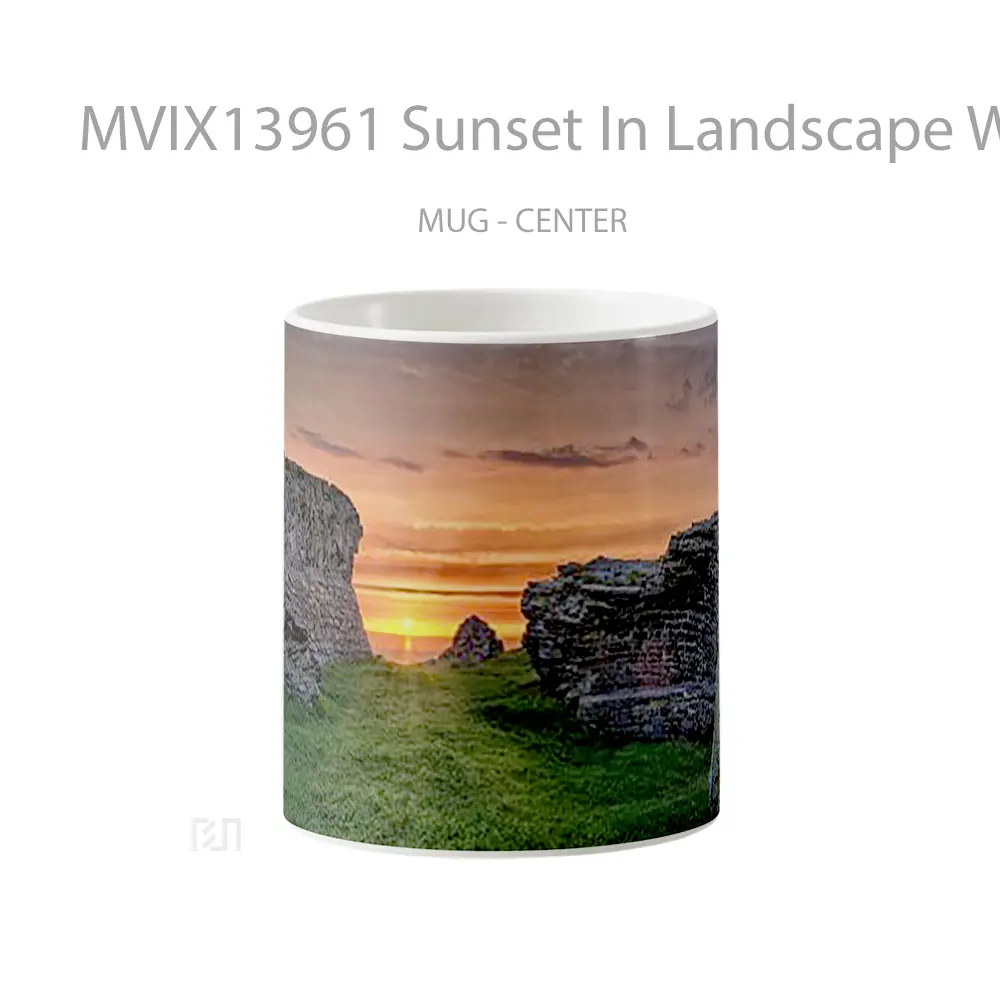 Mug Sunset In Landscape With Rocks Gelas Pemandangan Alam