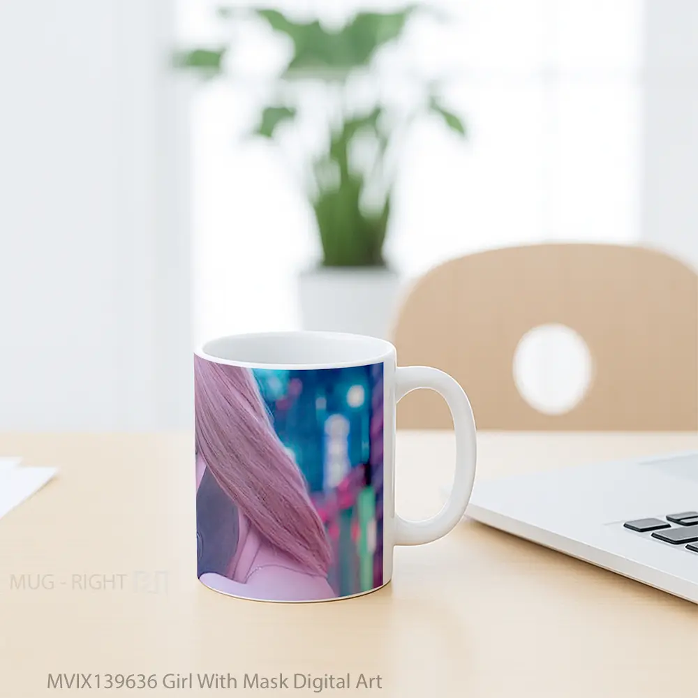 Mug Girl With Mask Digital Art Gelas Seni Modern - All-side / Desain