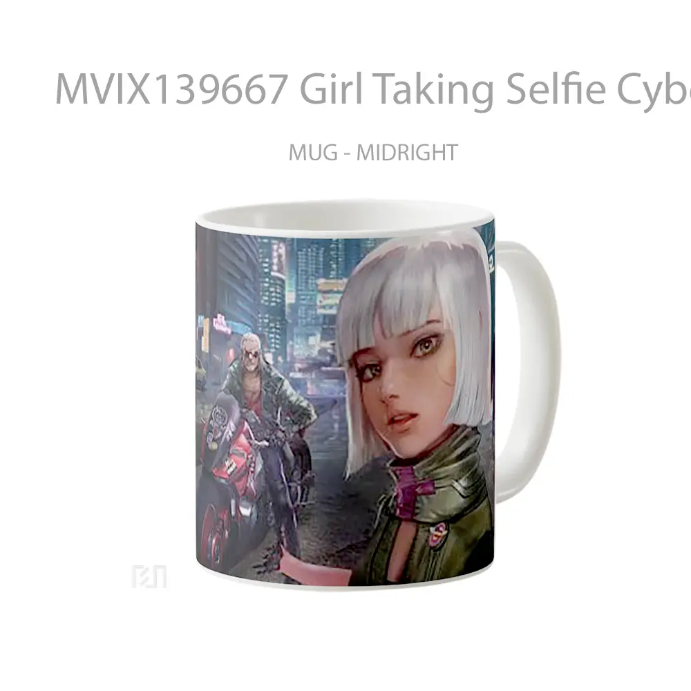 Mug Girl Taking Selfie Cyberpunk 2077 Cangkir Gamer - All-side / Desain
