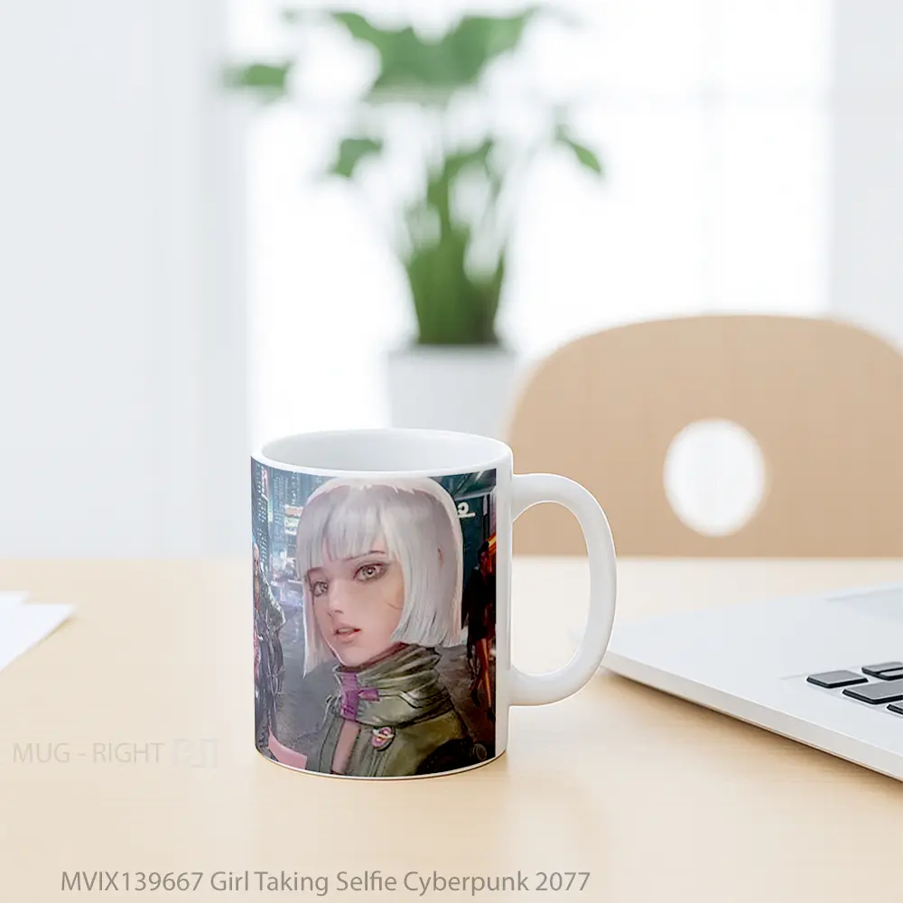 Mug Girl Taking Selfie Cyberpunk 2077 Cangkir Gamer - All-side / Desain