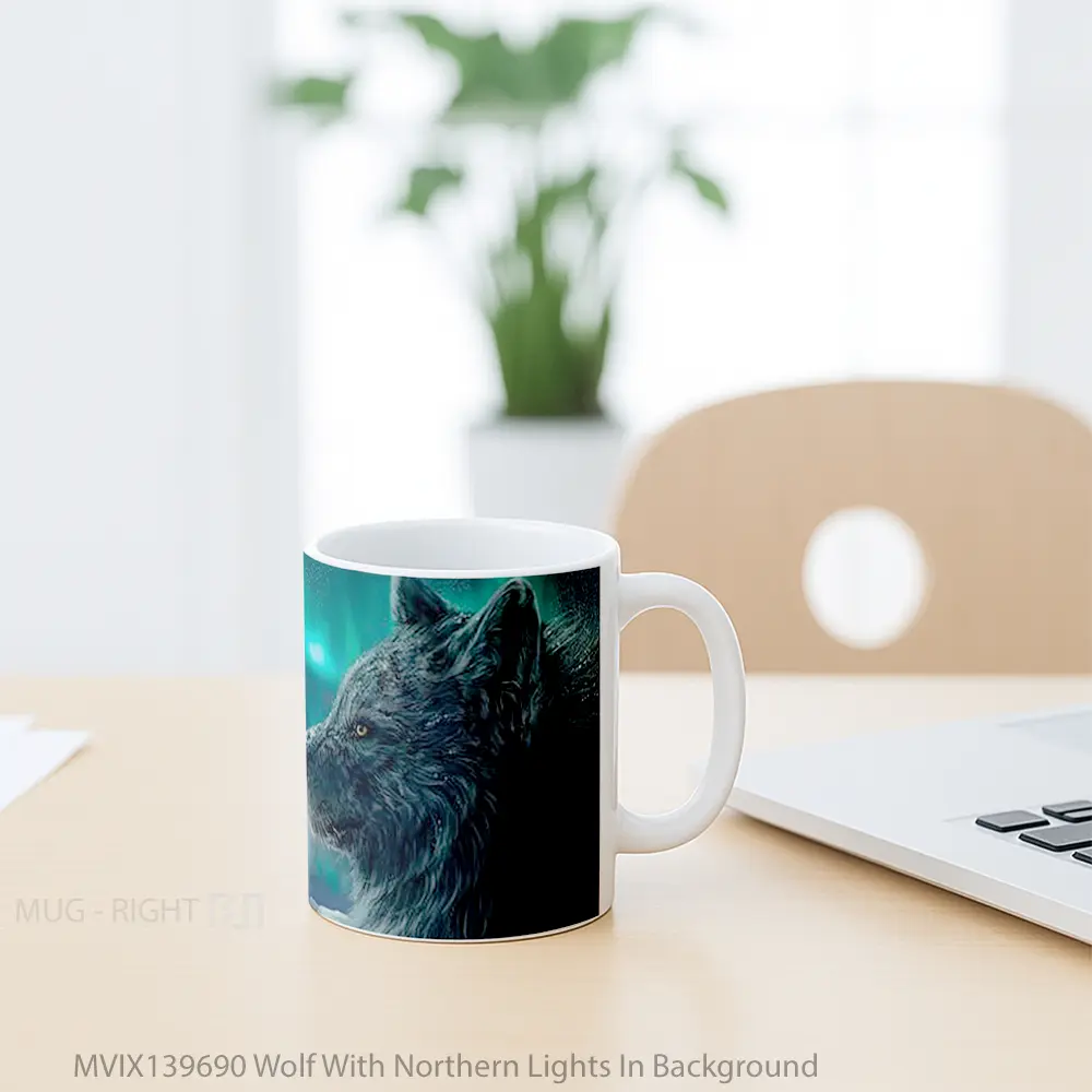 Mug Wolf With Northern Lights In Background Gelas Hewan Lucu - All-side / Desain
