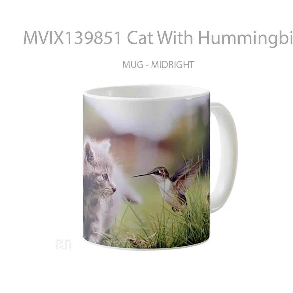 Mug Cat With Hummingbird Gelas Hewan Lucu - All-side / Desain
