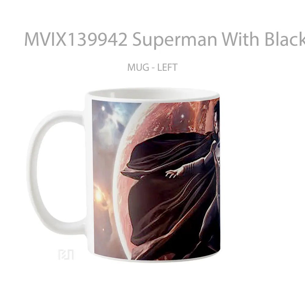 Mug Superman With Black Suit Over The Earth Gelas Superhero - All-side / Desain