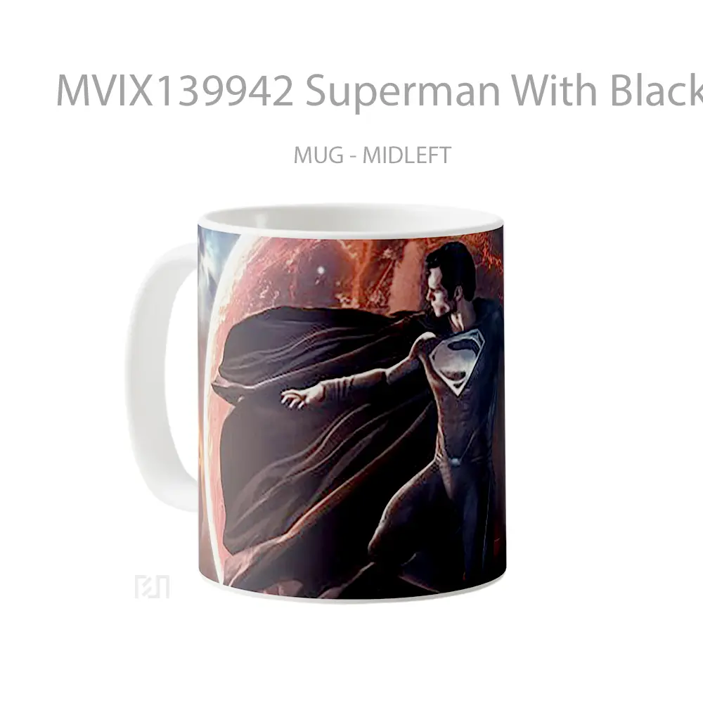 Mug Superman With Black Suit Over The Earth Gelas Superhero - All-side / Desain